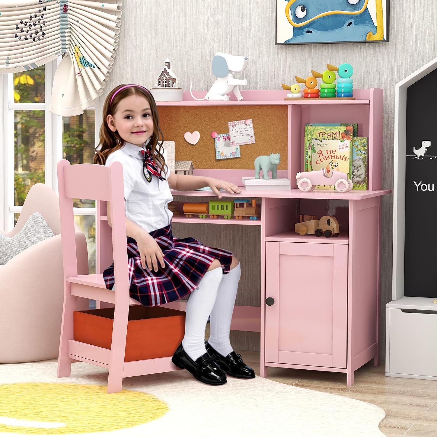 TaoHFE Pink Toddler Table and Chair Set,Wooden Kids Table and Chairs for Studying and Crafting, Kids Desk with Storage Kid Bedroom Furniture, Girl Table for Girls Pink