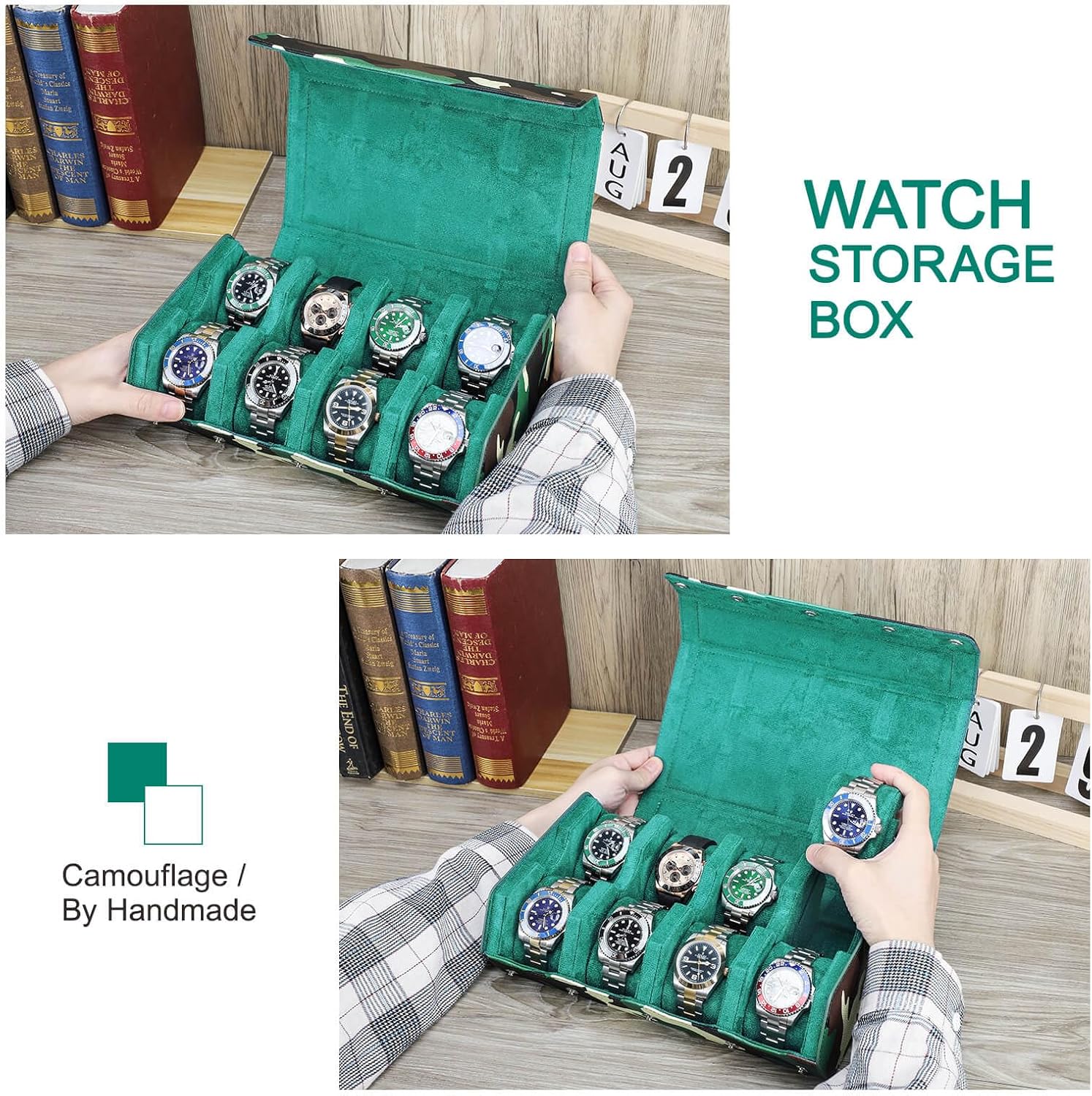 Hiram Genuine Leather Hexagon Watch Roll Travel Case, Military Camouflage Leather 8-Watches Roll Case with Removable Pillow Cushion for Treasured Watches and Bracelets-Camouflage Green