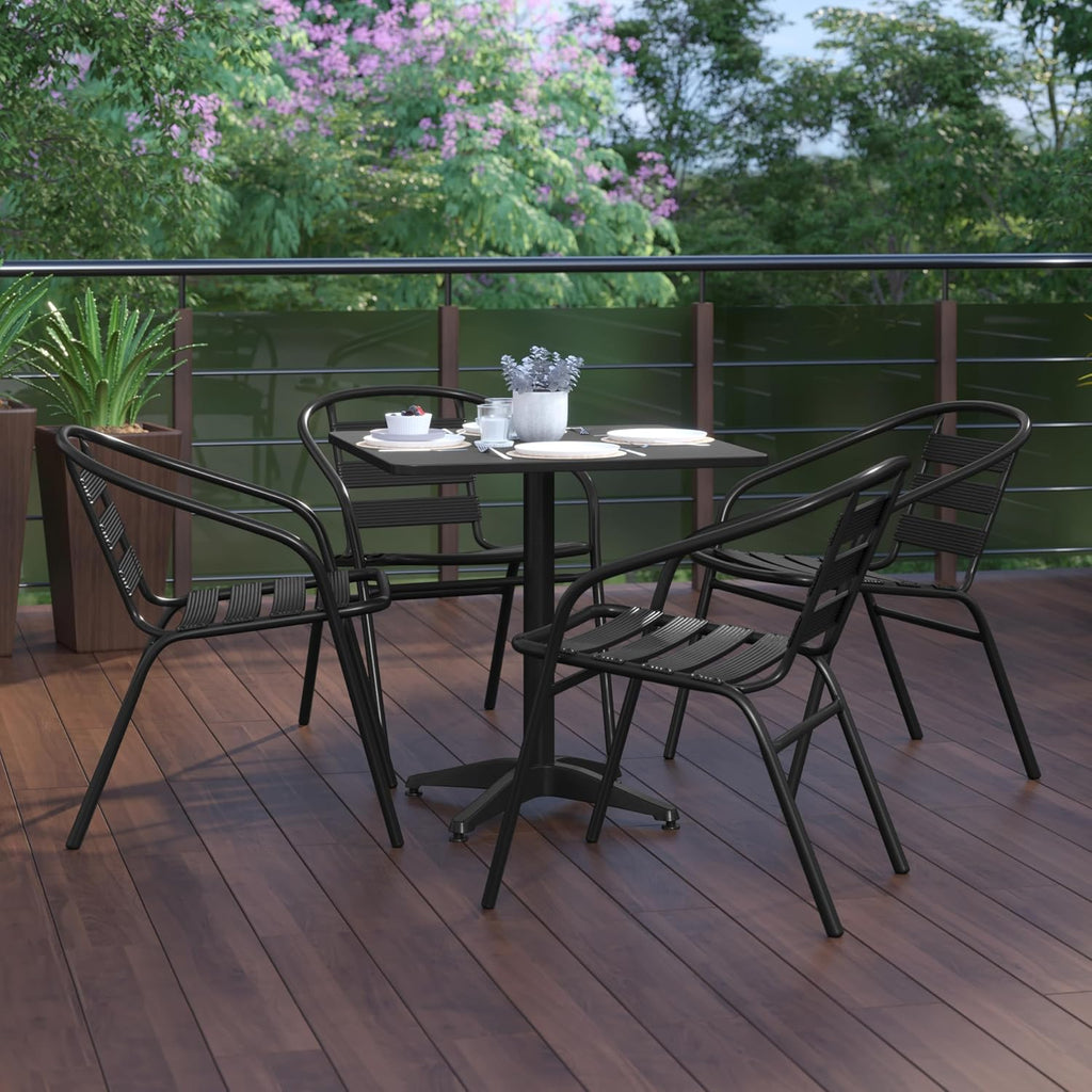 Flash Furniture TLH-ALUM-28SQ-017BK4-GG Lila 27.5'' Square Aluminum Indoor-Outdoor Table Set with 4 Slat Back Chairs, Black