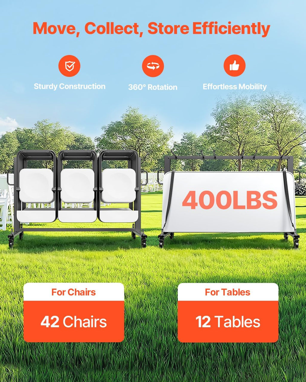 VEVOR Folding Chair Rack, 400 LBS Capacity, Heavy-Duty Chair Cart for 42 Chairs or 12 Tables, Multi-Function Chair Storage Dolly with Rubber Wheels and Holders, Large Chair Holder, Matte Black