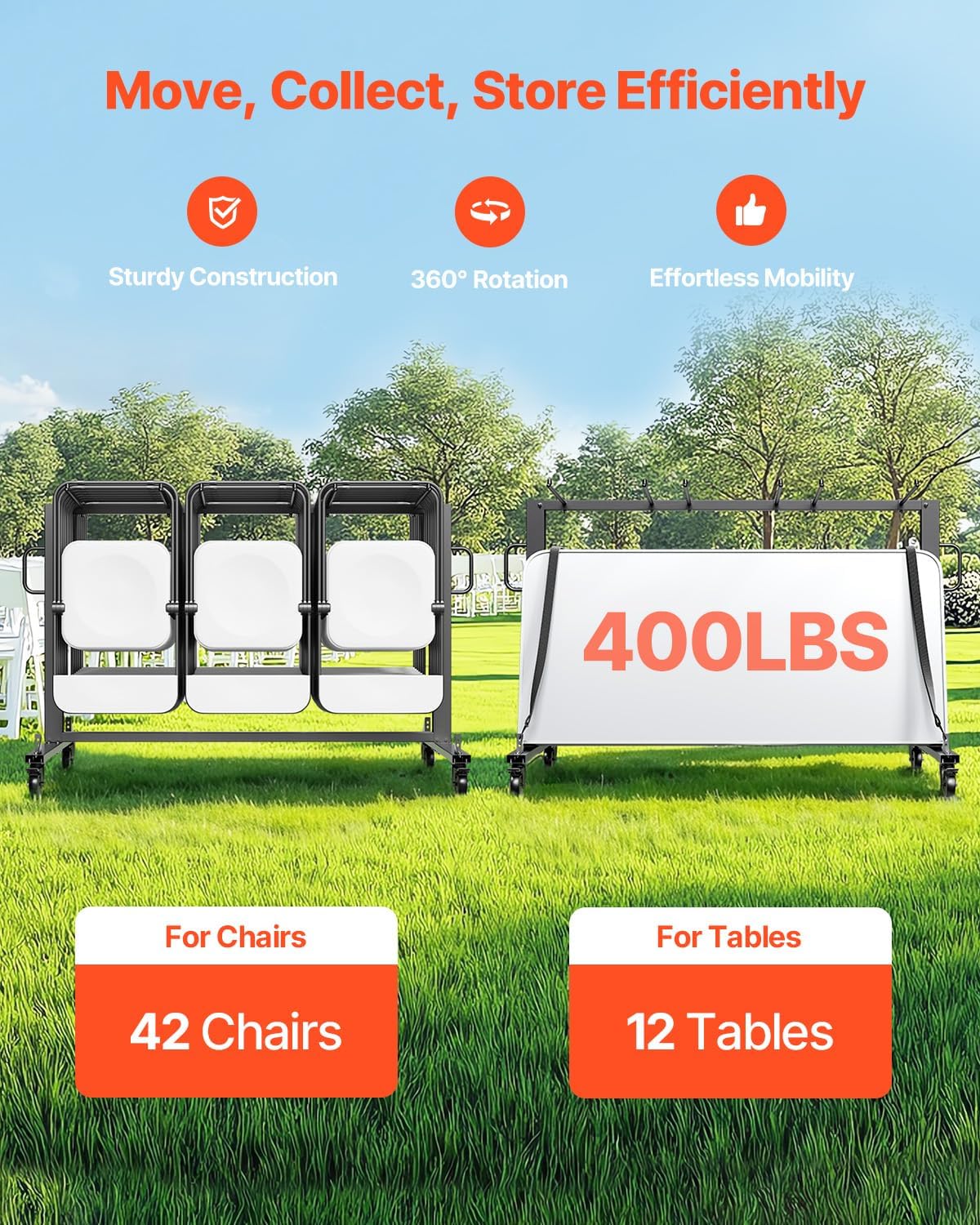VEVOR Folding Chair Rack, 400 LBS Capacity, Heavy-Duty Chair Cart for 42 Chairs or 12 Tables, Multi-Function Chair Storage Dolly with Rubber Wheels and Holders, Large Chair Holder, Matte Black