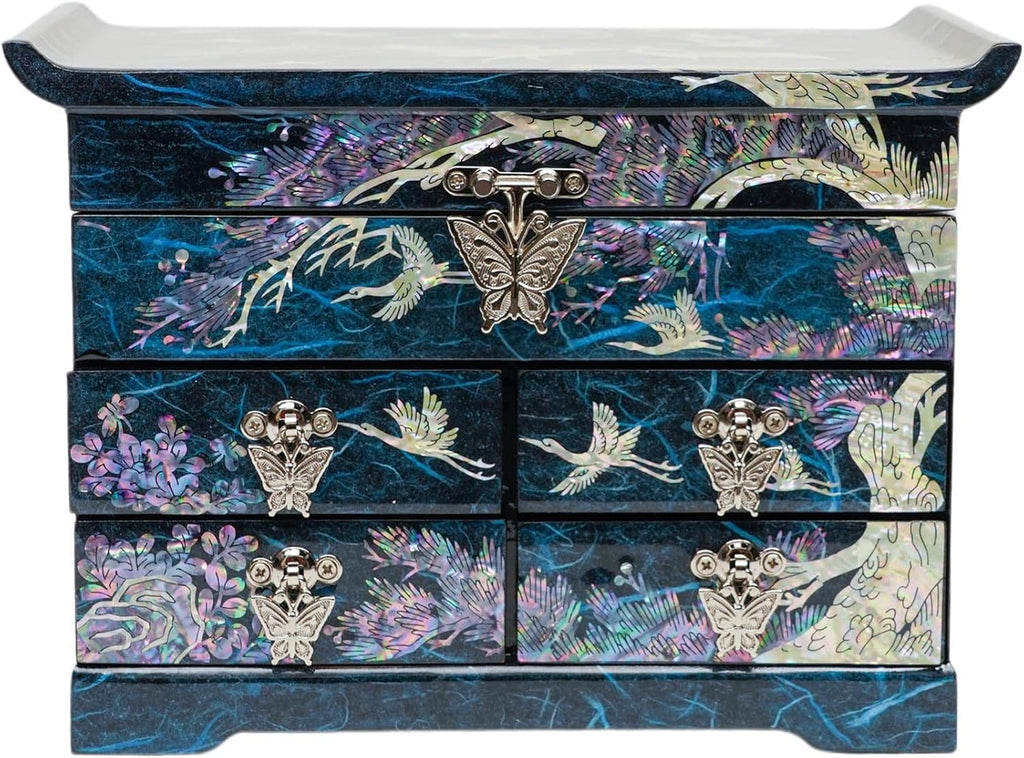 February Mountain Mother of Pearl Wooden Jewelry Organizer Box – Jewelry Storage Box for Women, Features Spacious Drawers, Ideal for Rings, Bracelets, Watches, Chains, Accessories (Crane_Blue)