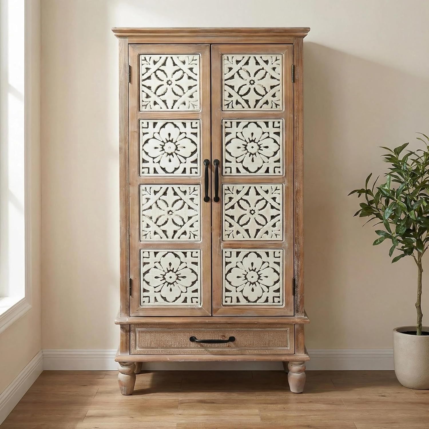 LKTART 55' Tall Vintage Sideboards Carved Wood Buffet Cabinet,Farmhouse Pantry Decorative Cabinet with Carved Doors and Drawers for Home Decor and Finishing Fir Wood