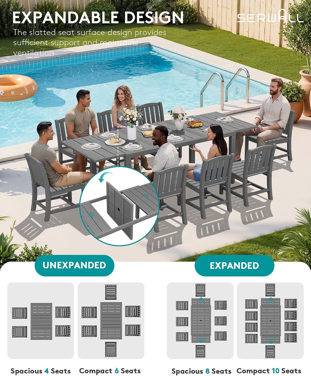 SERWALL Outdoor Dining Chairs Set of 4, All-Weather HDPE Patio Armless Chairs Suitable Outdoor Dining Table, Grey