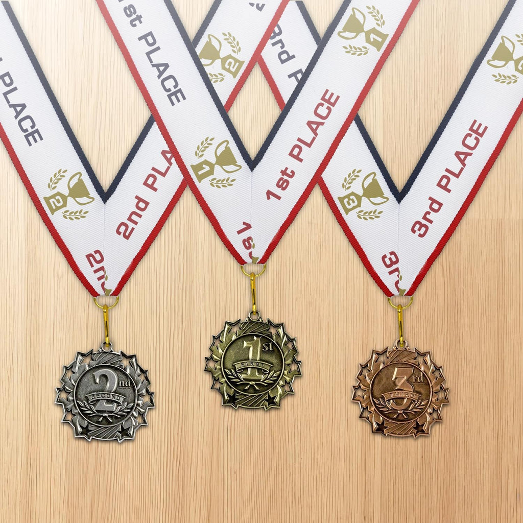 All Quality 1st 2nd 3rd Place Ten Star Award Medals - 3 Piece Set (Gold, Silver, Bronze) Includes Neck Ribbon