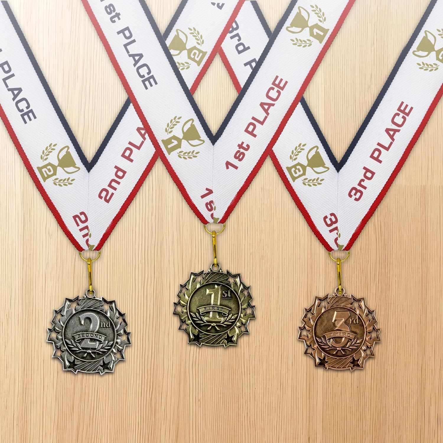 All Quality 1st 2nd 3rd Place Ten Star Award Medals - 3 Piece Set (Gold, Silver, Bronze) Includes Neck Ribbon