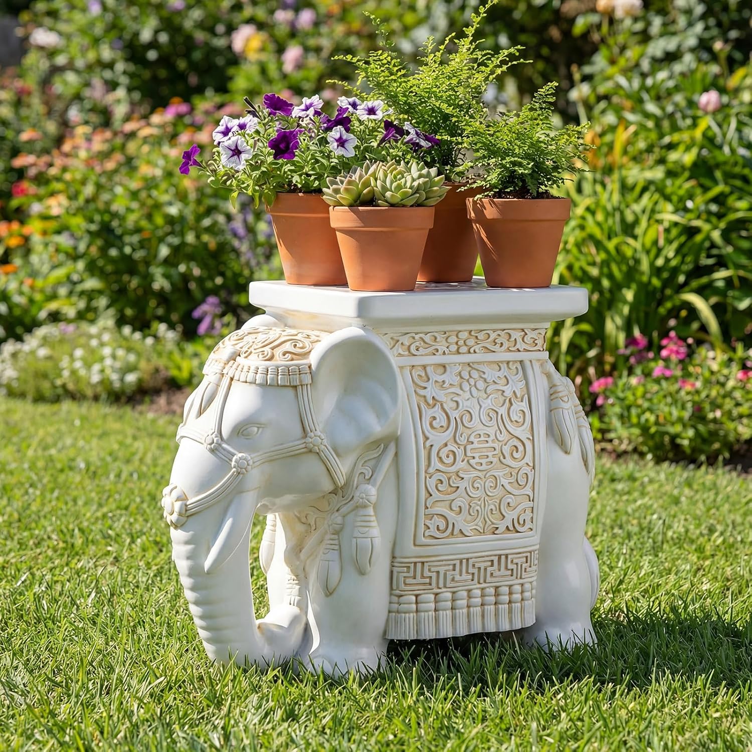 Leinuosen Elephant Garden Stool 16.5 Inch - Resin Elephant Side Table & Plant Stand, Indoor Outdoor Decorative Accent Table for Patio Balcony Living Room, Bohemian Home Decor Gift(White Color)