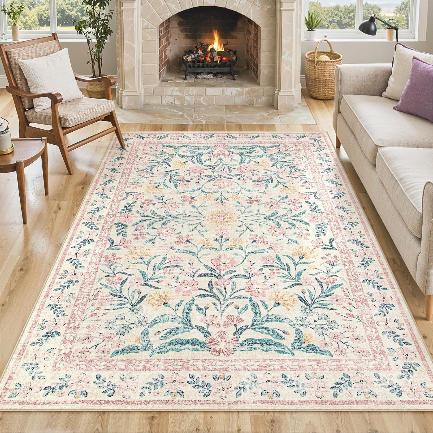 Lahome Sylvie 6x9 Pink Rug for Girls Bedroom, Boho Cottage Core Floral Dorm Classroom Rug, Soft Low Pile Girl Nursery Decor for Living Room Kids Playroom Guestroom, Blush