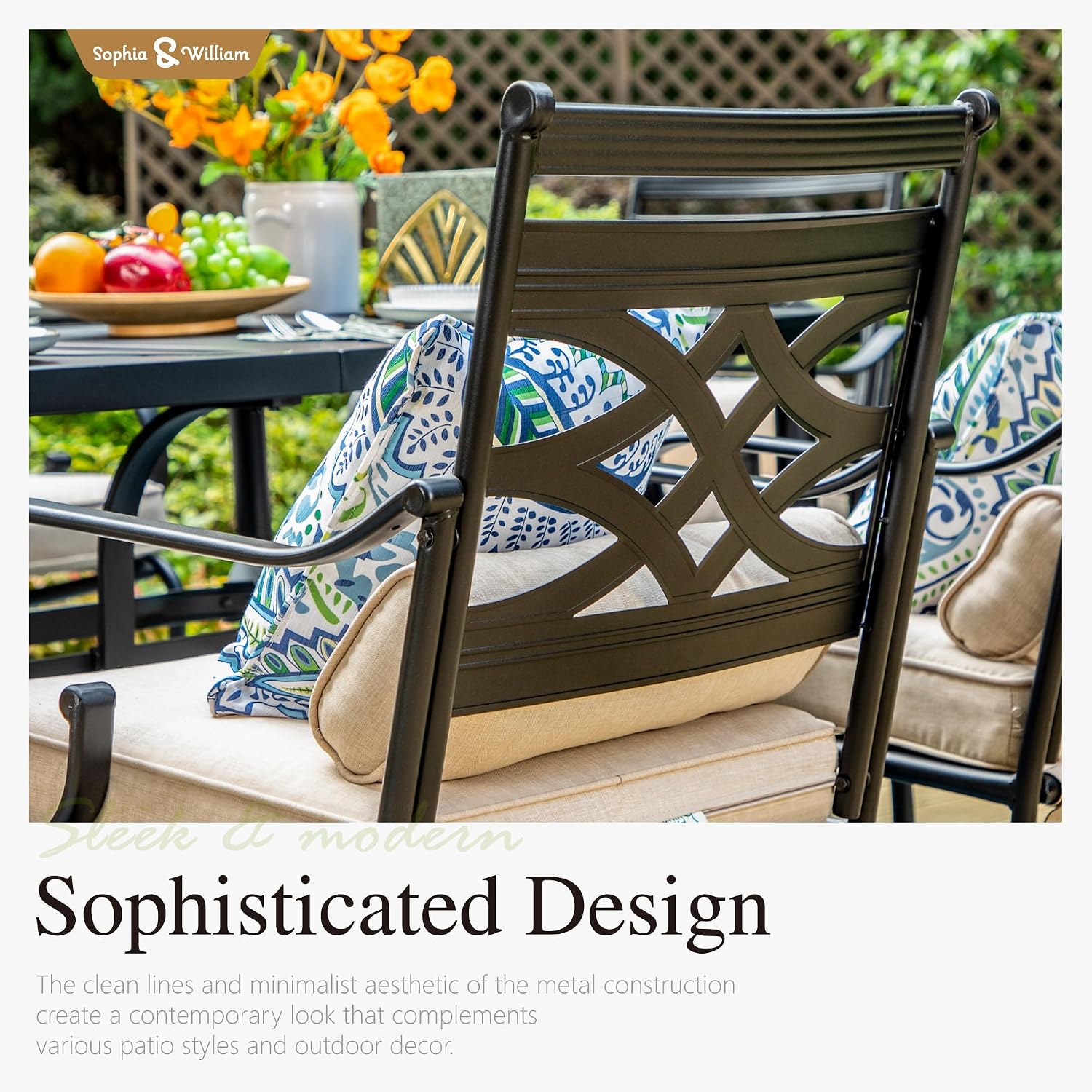 Sophia & William Outdoor Patio Dining Set for 6 | Outdoor Table and Chairs | Removable Seat Cushions | 64' Metal Tabletop with Wood Texture