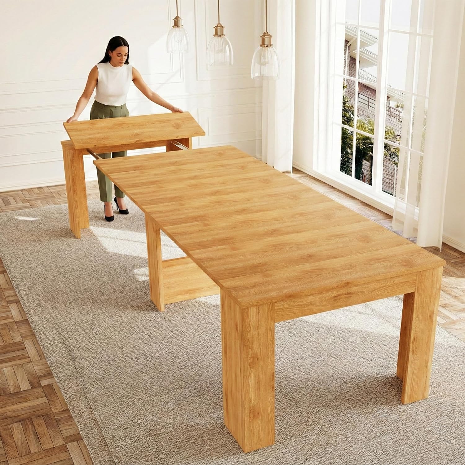 HIPIHOM 17.7'-118' Extendable Dining Table for 2-12 People, Extension Table with Extension Leaves Holder, Space-Saving Extra Long Folding Dining Table for Meeting, Dining Room(Oak Table Only)