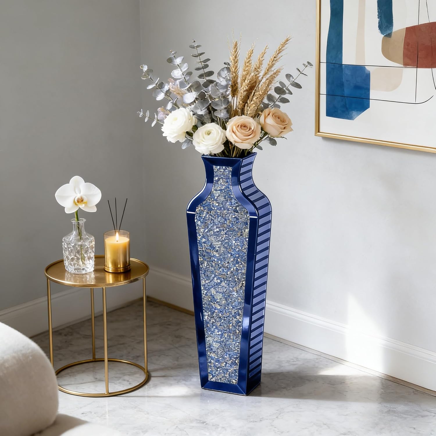 SHYFOY Blue Crushed Diamond Floor Vase, Large Mirrored Tall Vases for Floor, Modern Glass Decorative Vases for Living Room Bedroom Home Corner Indoor Office, 26.8' Tall