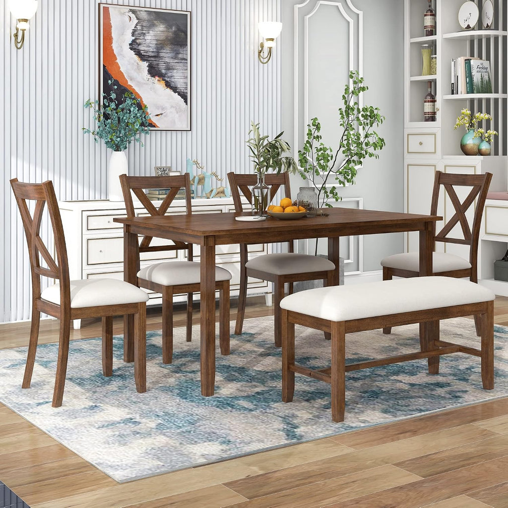 Harper & Bright Designs 6 Pieces Dining Table Set, Wooden Rectangle Table and 4 Chairs with Bench with Cushion, Kitchen Table Chairs Set for 6 Persons, Dining Room Set - Natural Cherry