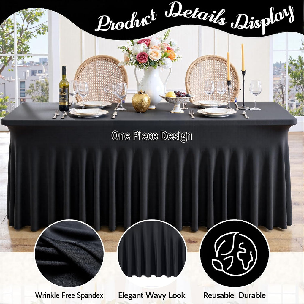 leegleri Black Spandex Table Clothes for 8 Foot Rectangle Tables, 8 Pack Wrinkle Free Rectangle Table Cloth 8ft Stretch Fitted Tablecloths with Skirt for Parties Weddings Birthday Banquet Baby Shower