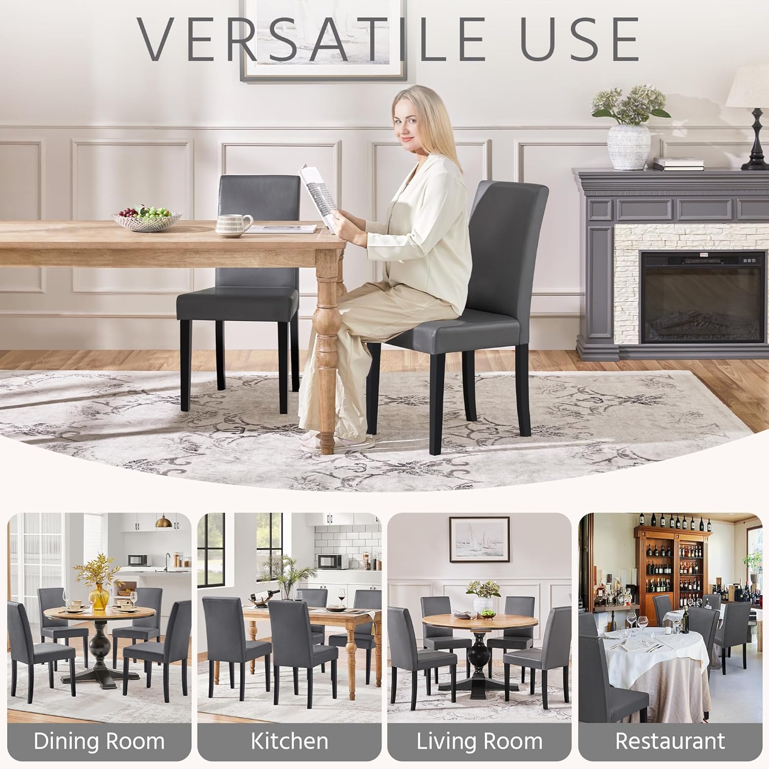 Yaheetech Dining Chairs Set of 4 PU Leather Upholstered Parsons Dining Chairs with Solid Wood Legs for Kitchen/Living Room/Restaurant, Modern Style, Gray