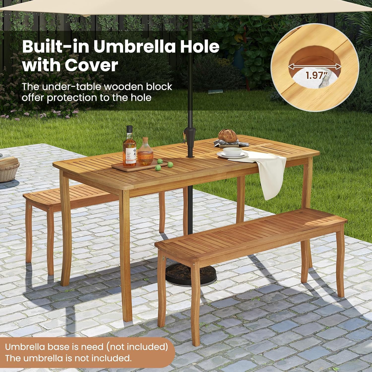 HAPPYGRILL Outdoor Acacia Wood Dining Table for 4-6 People, Patio Furniture Table with Umbrella Hole & Cover, 63' Slatted Tabletop, for Backyard, Patio, Deck, Porch
