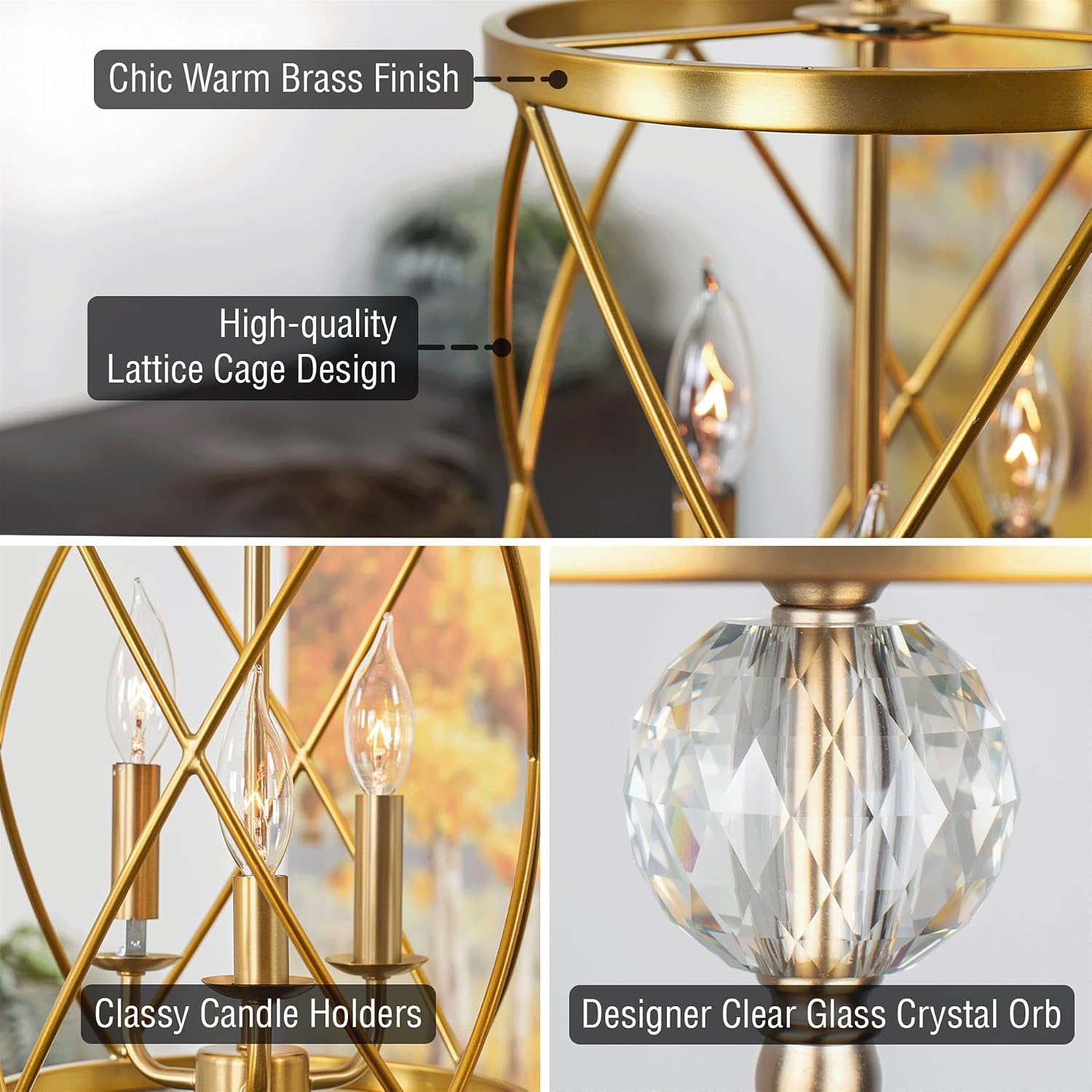 Kira Home Eleanor 27' Modern 3-Light Geometric Gold Lantern Chandelier, Cylinder Trellis Cage Gold Pendant Light with Crystal Finial, Warm Brass Finish