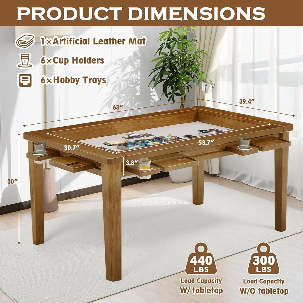 Haddockway 63' ×39' Board Game Table with Removable Top, Solid Wood Dining/Gaming Table for 4-6 Players with Play Mat, 6 Detachable Cup Holders & 6 Hobby Trays (Light Walnut)