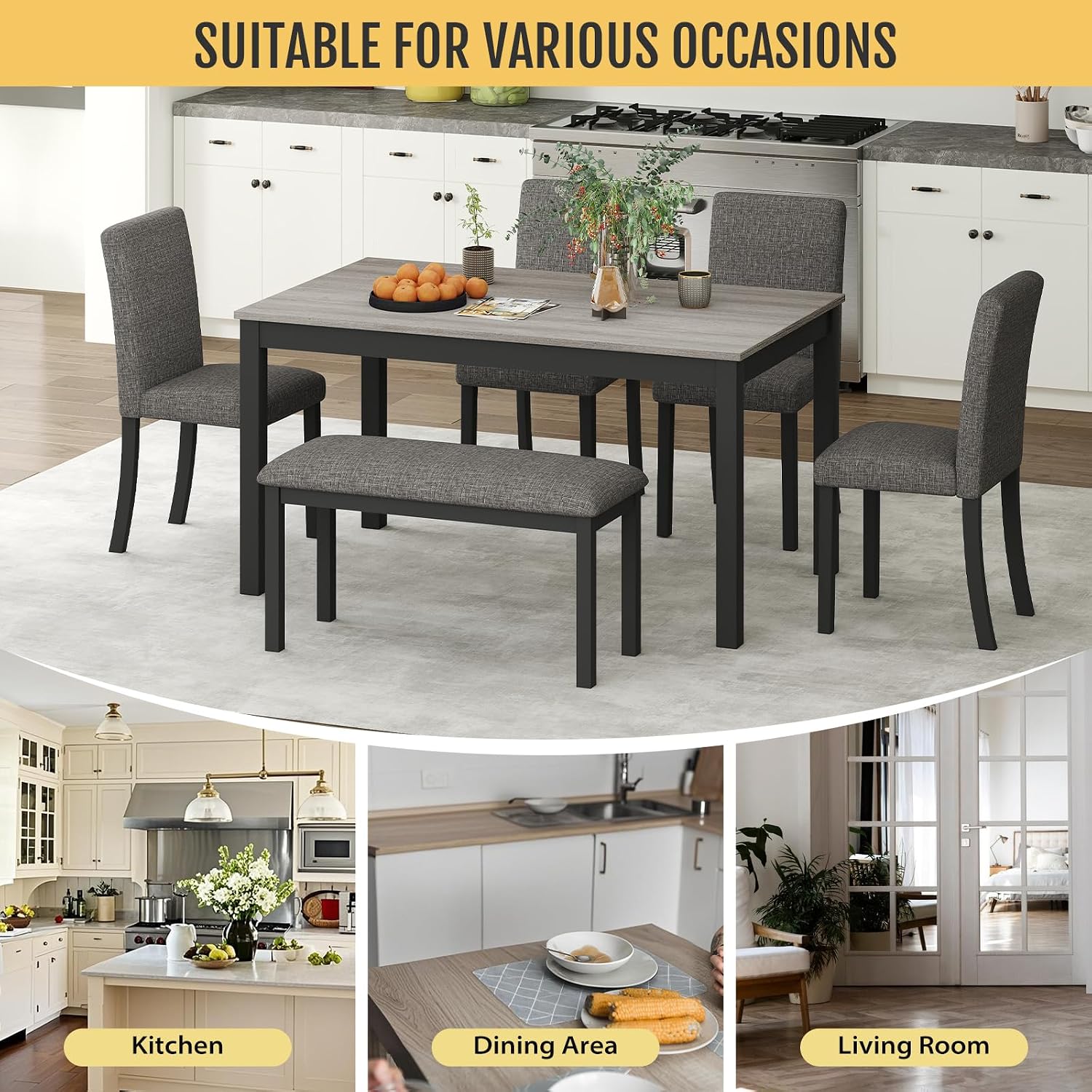Zevemomo 6-Piece Solid Wood Dining Table Set, Including 1 Dining Table, 4 Upholstered Chairs and 1 Bench, Wooden Legs Dining Table Set for Dining Room, Kitchen, Restaurant, Dark Grey