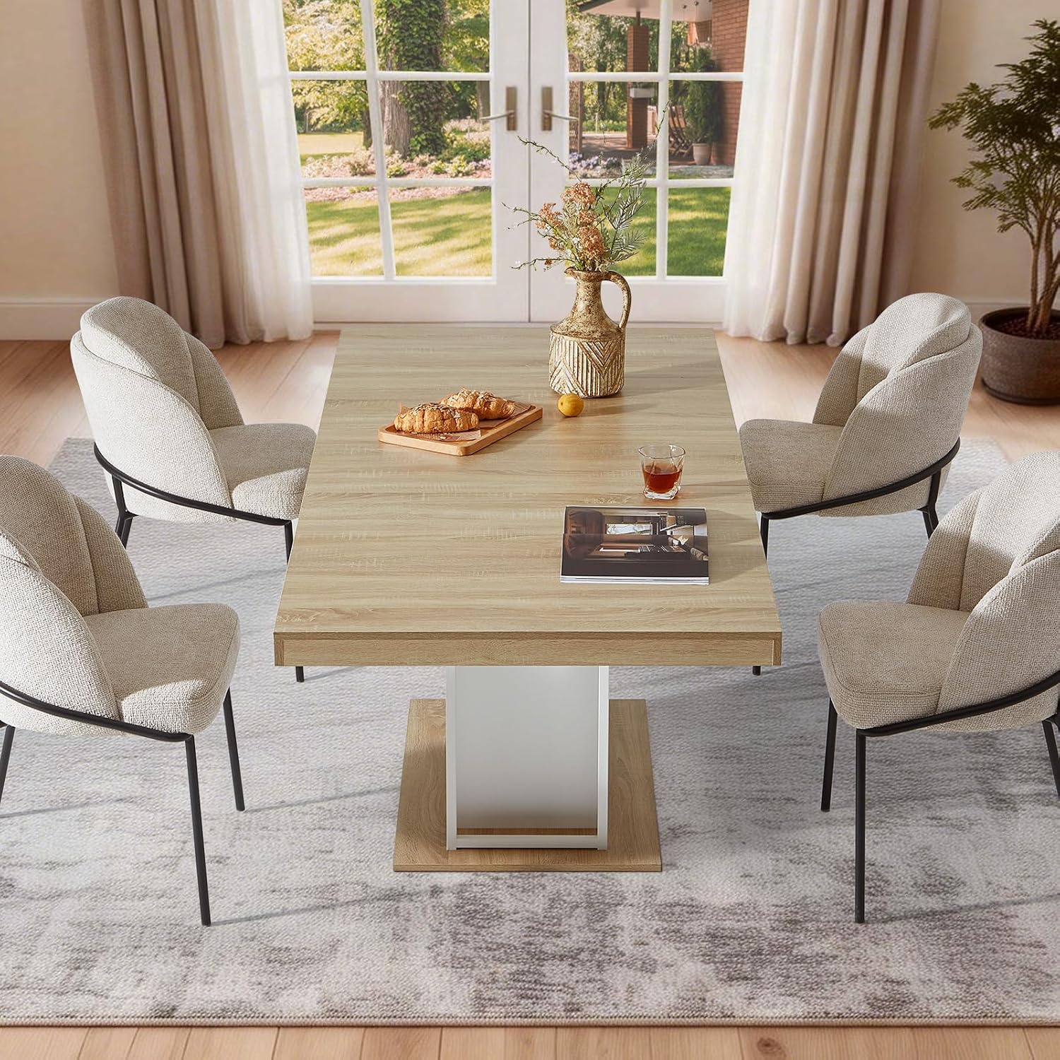 Dining Table Extendable 63 in-79 in for 4-8 Expandable Wood Rectangle with Fluted Base for Dining Room Kitchen Living Room Furniture Natural