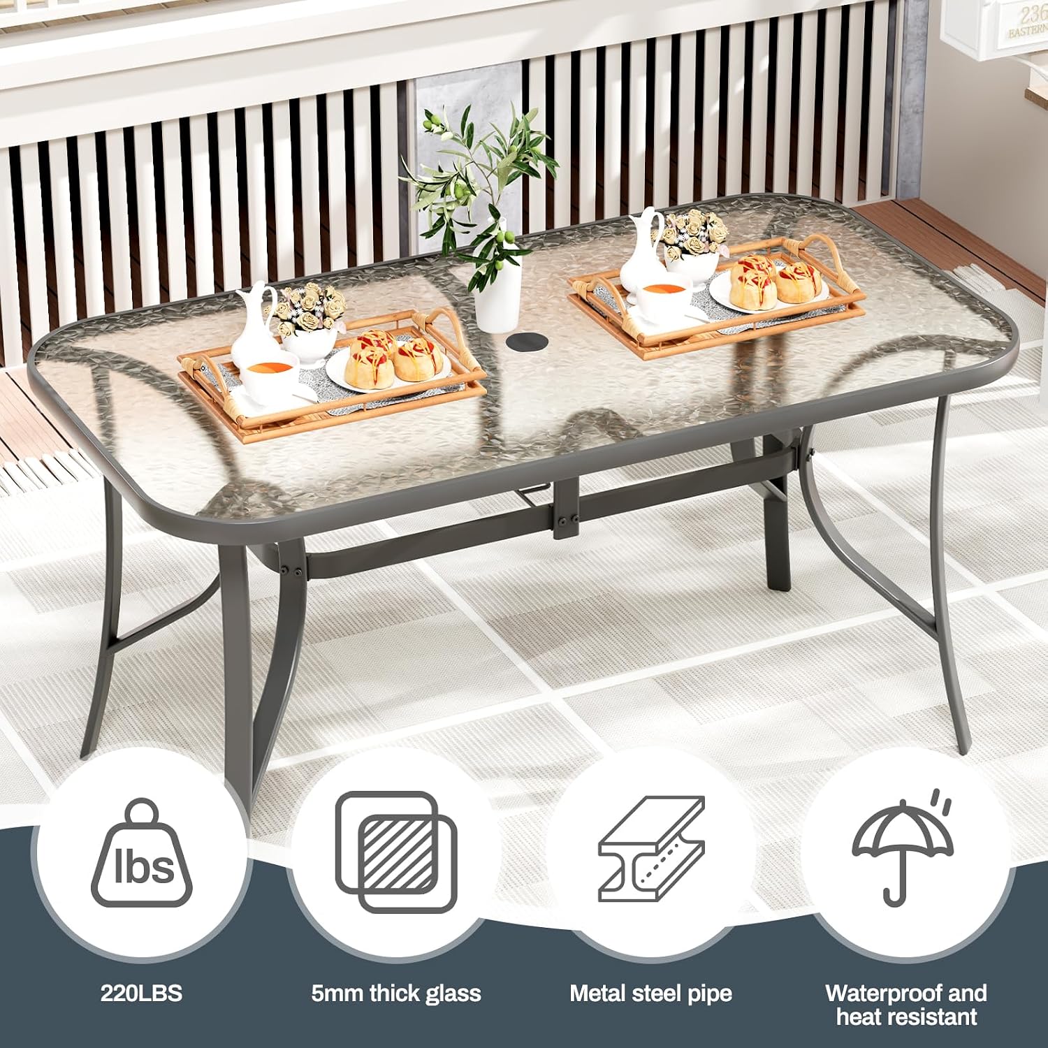 TLSUNNY 7 Pieces Patio Dining Set, Outdoor Table and Chairs W/1.69″ Umbrella Hole, 30'X 55' Table and Stackable Textilene Chair, All Weather Patio Furniture Set (Umbrella not Included)