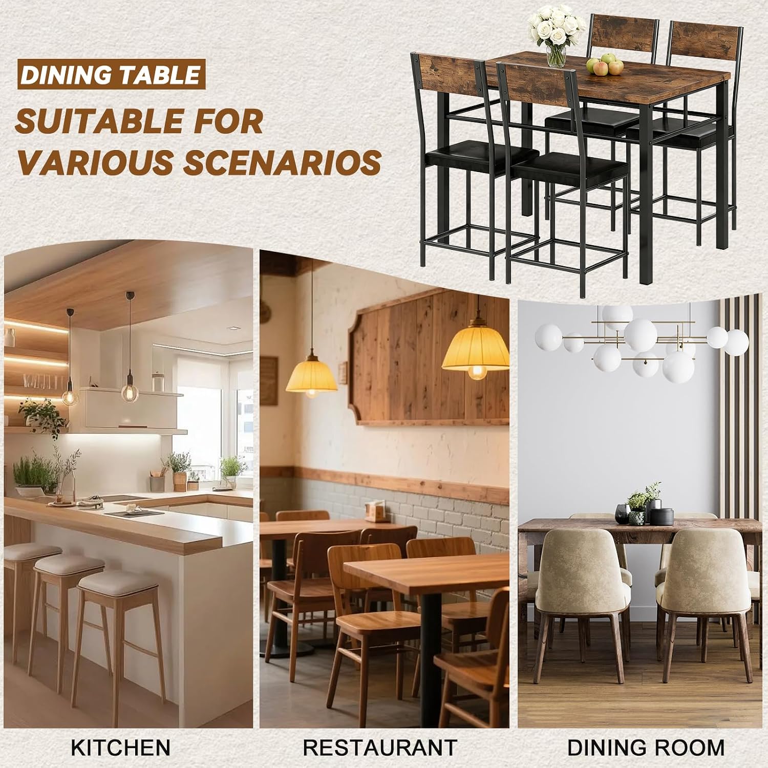 Dining Table Set for 4, Wood Industrial Style Kitchen Table with Upholstered Chairs, Kitchen Table and Chairs Set, Space-Saving Dining Room Set for Breakfast Nook and Small Spaces, Rustic Brown