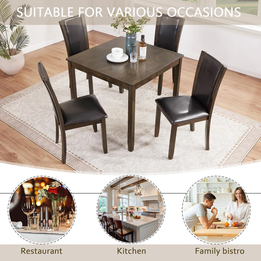 LUMISOL Dining Table Set for 4, Farmhouse Kitchen Table Set with PU Leather Dining Chairs, 5-Piece Wood Dining Sets, Dark Walnut