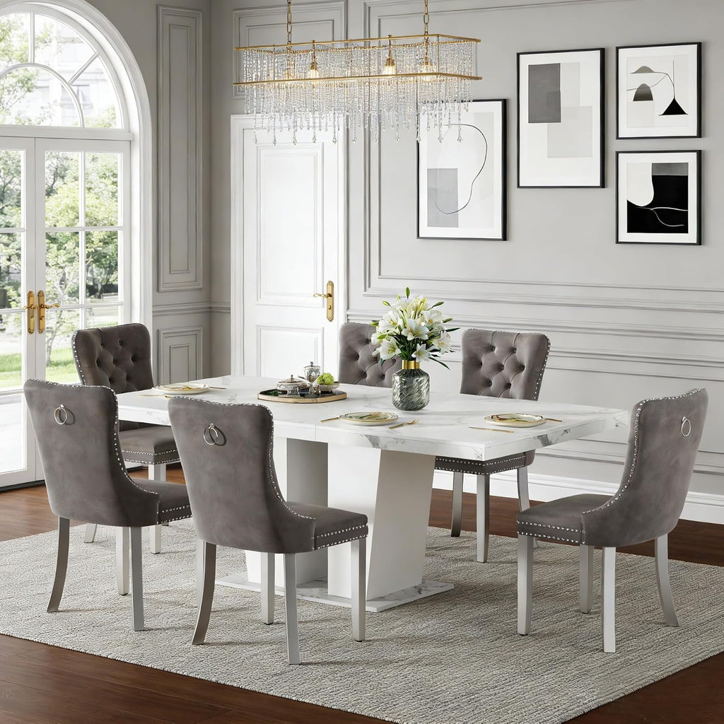 Henf 7 Pieces Faux Marble Dining Table Set for 6, 63'-79' Extendable Dining Room Table and 6 Grey Tufted Chairs Set for 6, Modern Large Expandable Kitchen Table with White Double Columns Base