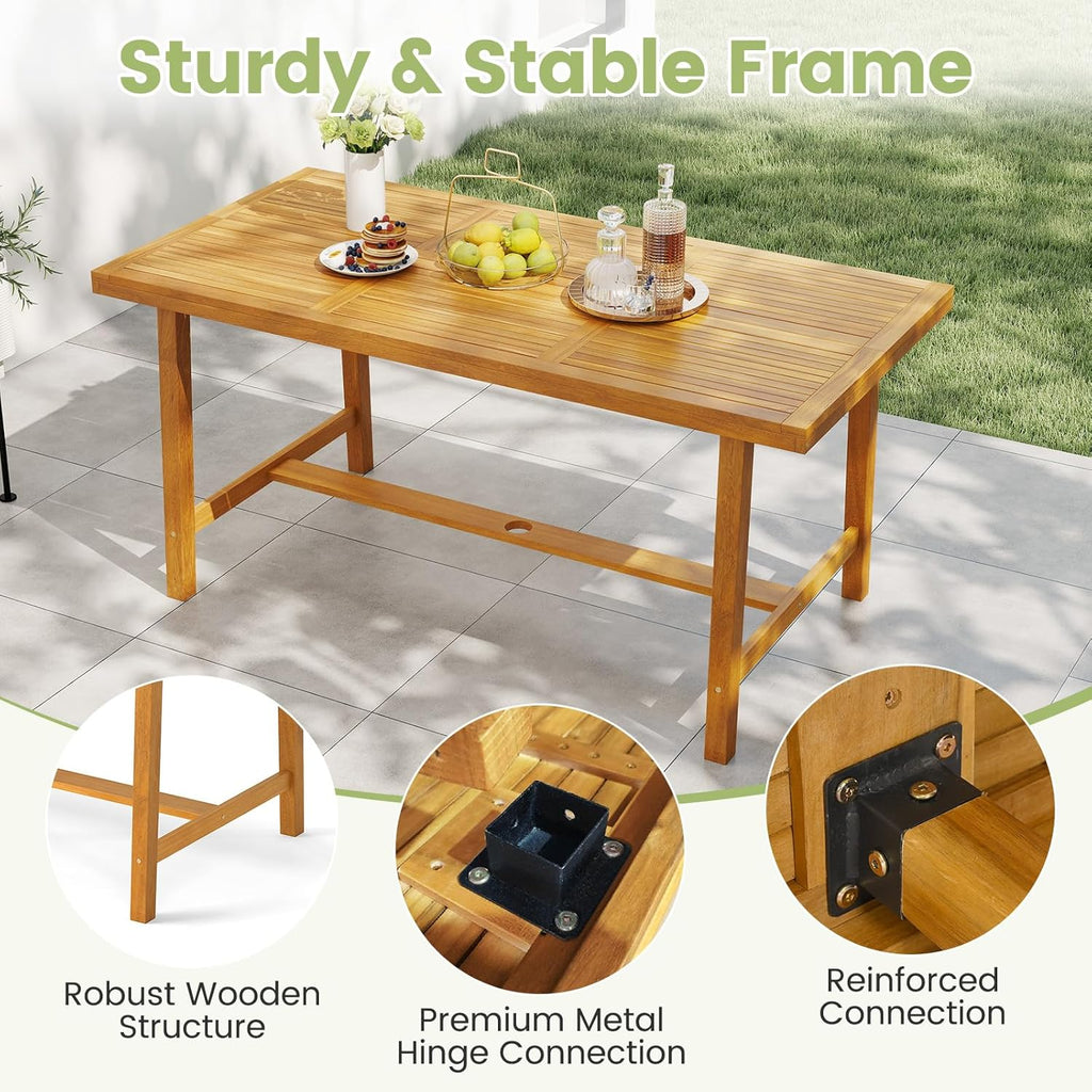 HAPPYGRILL Outdoor Acacia Wood Dining Table 63', Patio Wooden Table for 6, with Slatted Tabletop, 1.97' Umbrella Hole & Cover, for Backyard, Deck, Porch
