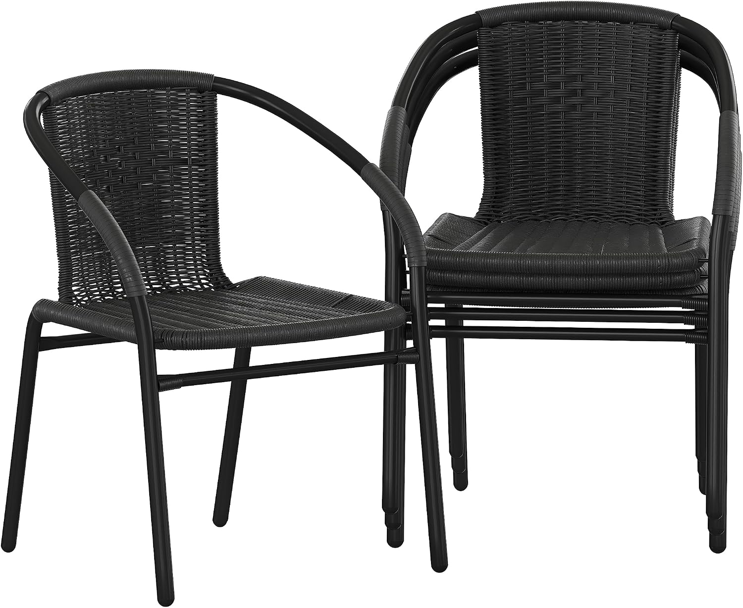 EMMA + OLIVER Set of 4 Modern PE Rattan Stack Chairs, Indoor/Outdoor Patio Dining Chairs, No Assembly Required, Black