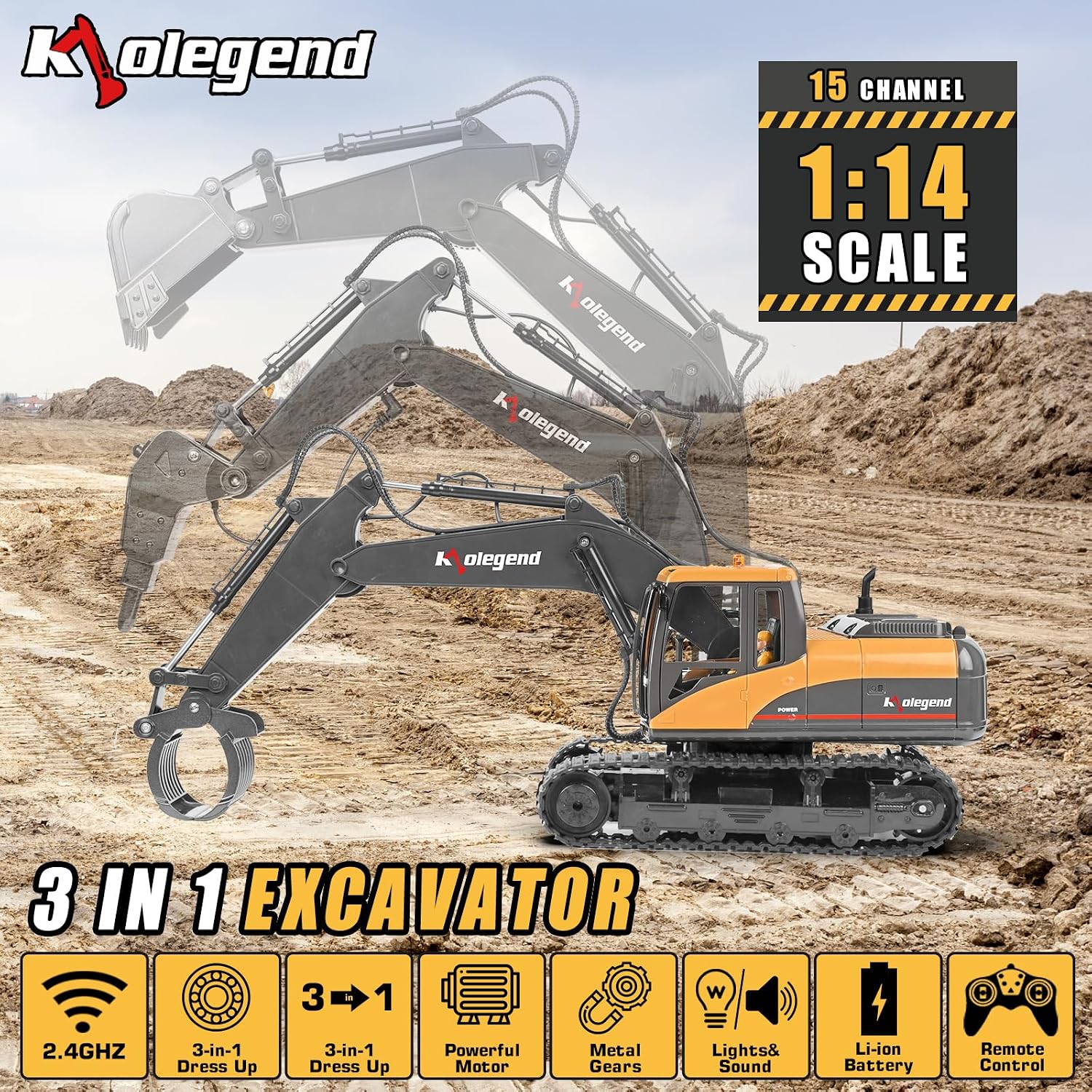 kolegend 3 in 1 Remote Control Excavator Toy 1/14 Scale RC Excavator, 15 Channel Upgrade Full Functional Construction Vehicles with Tools Metal Breaker and Electric Gripper(Yellow/Black)