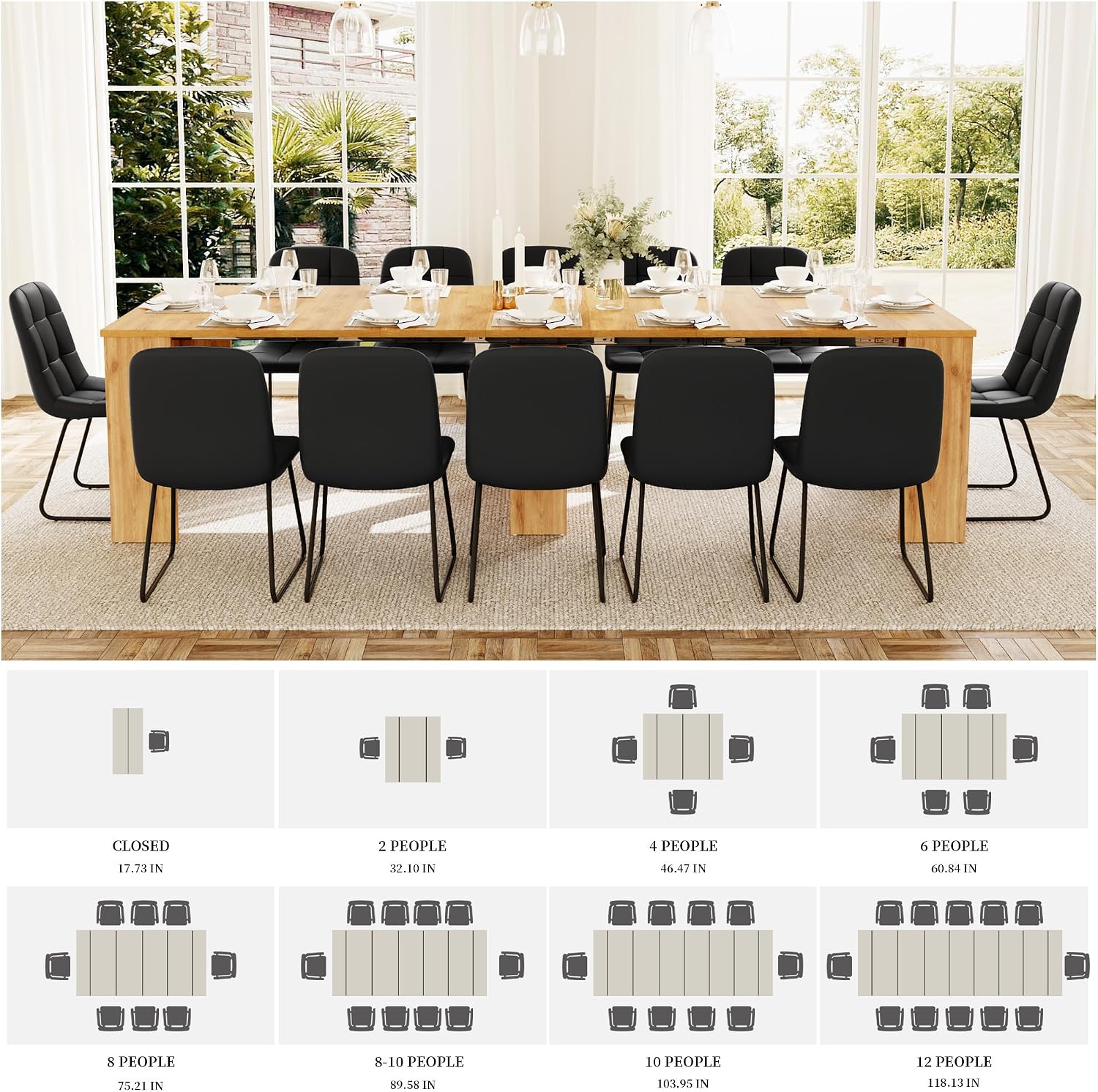 HIPIHOM 17.7'-118' Extendable Dining Table Set for 12, Extension Long Table Set with Extension Leaves Holder, Space-Saving for Meeting, Dining Room(Oak Table+12 U-Shaped Black Chairs)