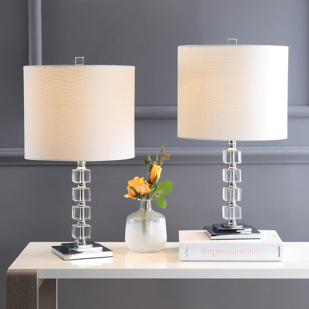 JONATHAN Y 22' Clear Crystal and Chrome Stacked Cube Table Lamp Set of 2, Glam Contemporary Nightstand Lamps with White Linen Drum Shade, LED Bulbs Included JYL5040A-SET2