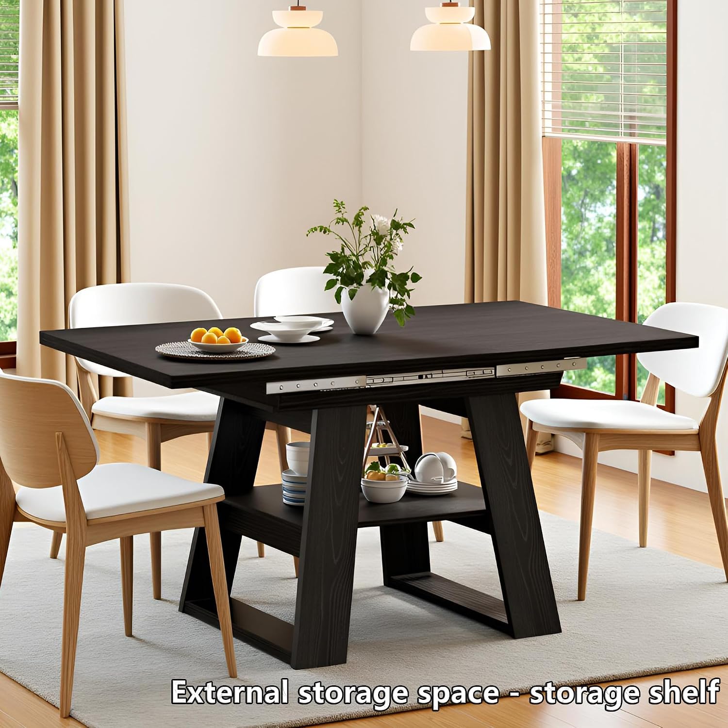 Lxsxlome 47.24''-66.92'' Extendable Dining Room Table for 4-6, Rectangle Extendable Kitchen Table with Removable Leaves, Space Saving, Wooden Dining Table with Storage Shelf (Style 2, Black)