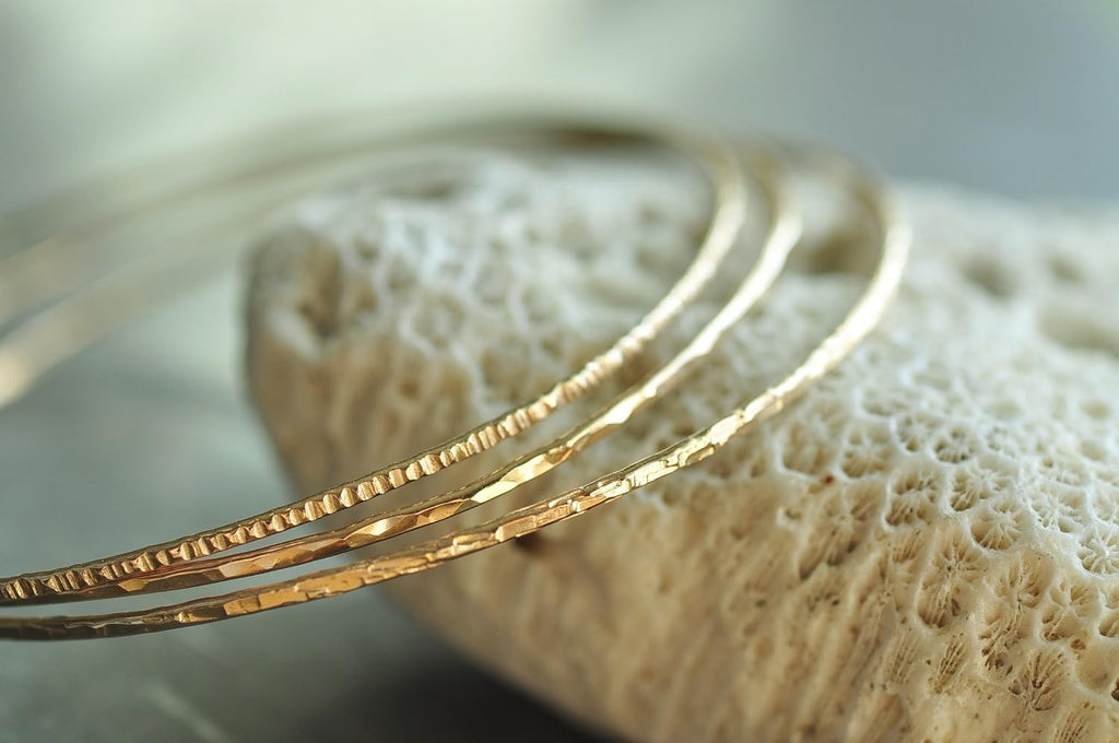 14k gold filled Bangles hammered slip on set of 3 textures, Mu-Yin Jewelry Handmade in USA
