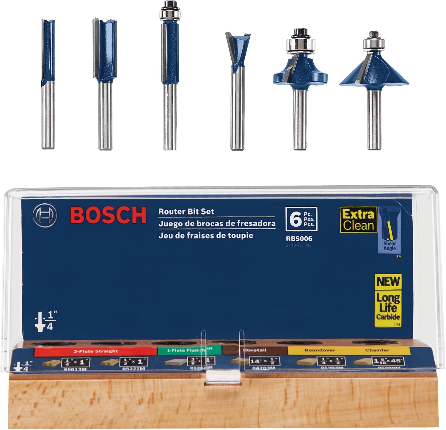 BOSCH 1617EVSPK Wood Router Tool Combo Kit with Bosch RBS006 1/4-Inch Shank Carbide-Tipped Multi-Purpose Router Bit Set, 6-Piece