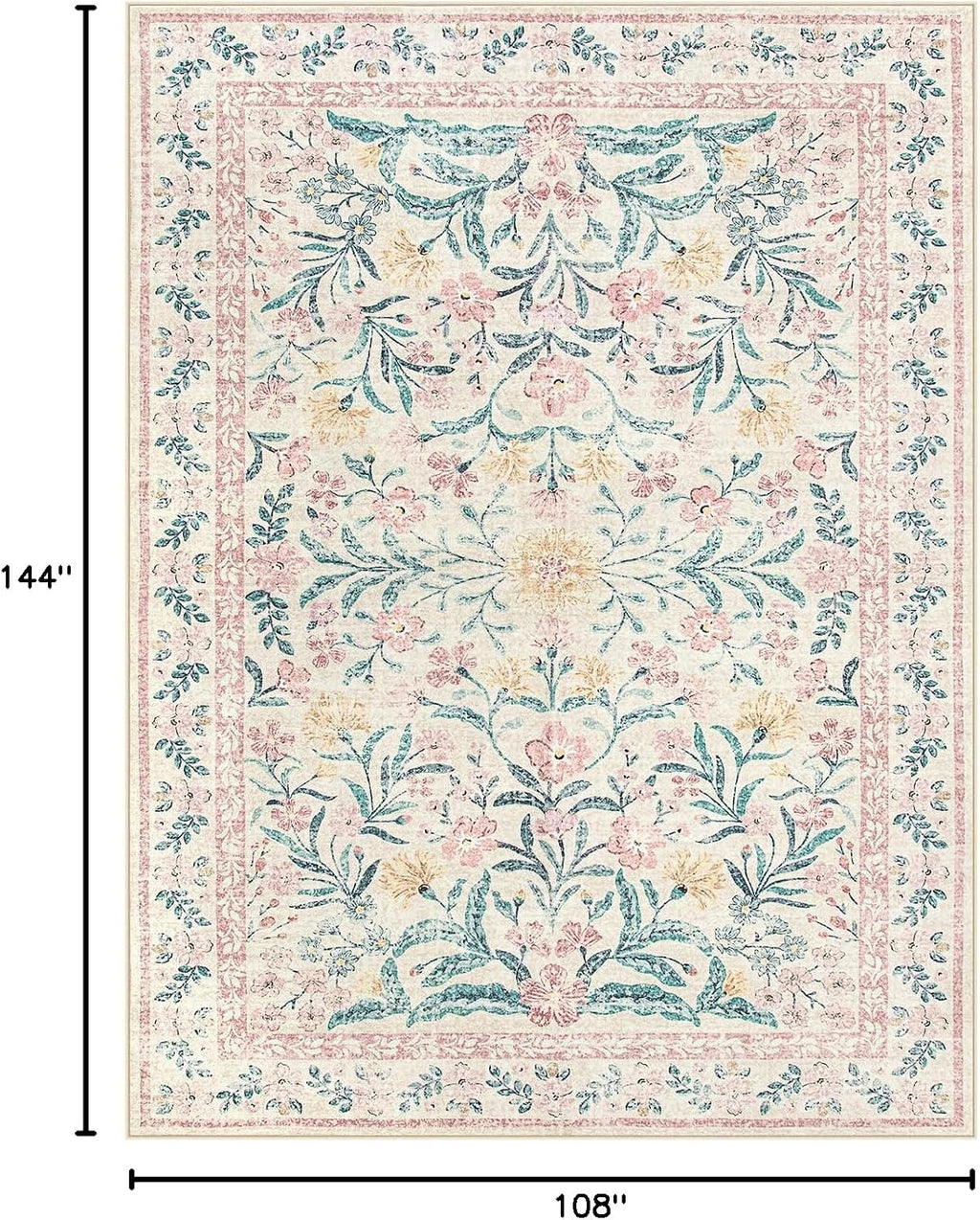 Lahome Sylvie 9x12 Pink Nursery Playroom Rug, Boho Washable Floral Rug for Girl Bedroom Kids Room, Soft Cottage Core Thin Non Slip Carpet for Living Room Guestroom, Blush