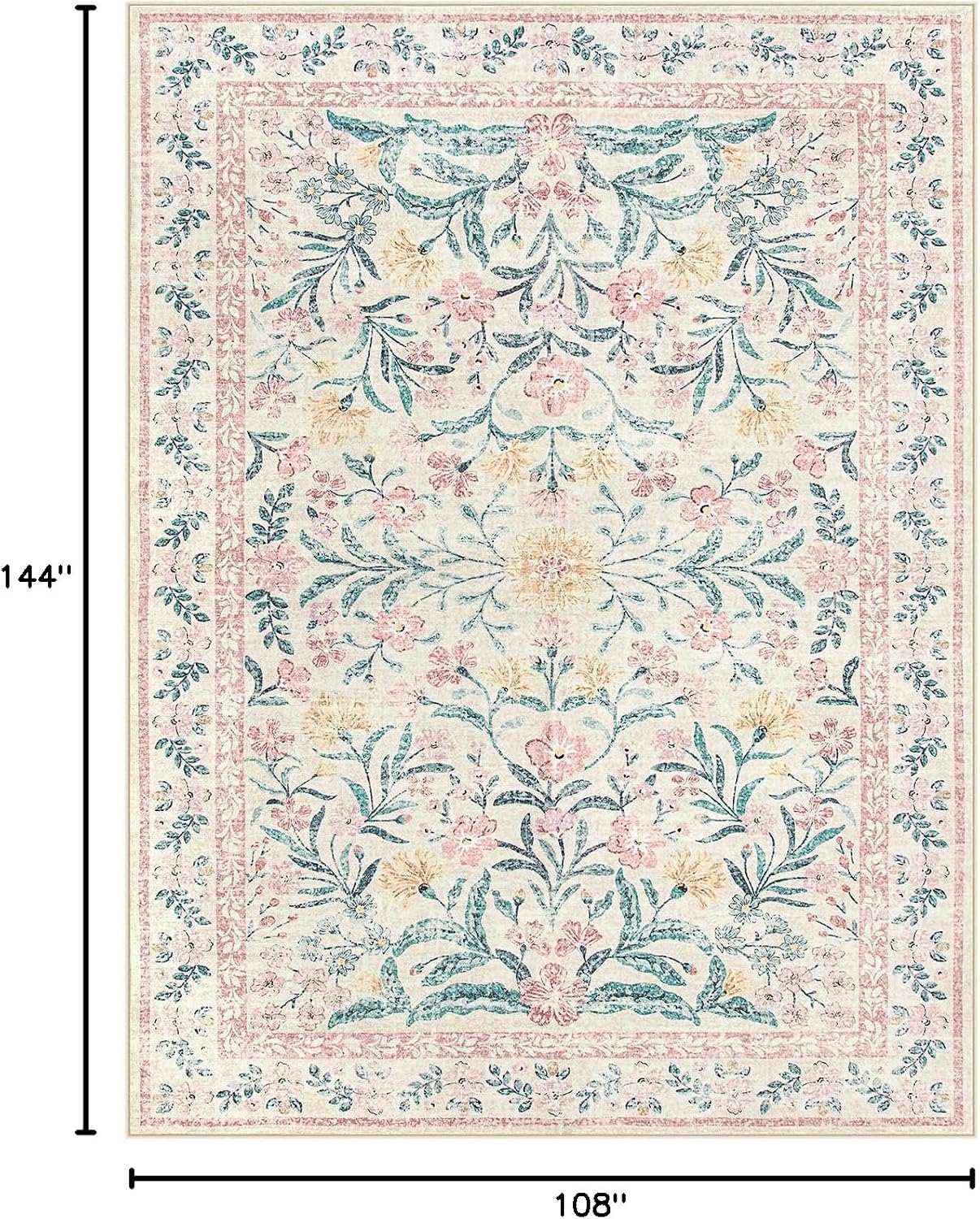 Lahome Sylvie 9x12 Pink Nursery Playroom Rug, Boho Washable Floral Rug for Girl Bedroom Kids Room, Soft Cottage Core Thin Non Slip Carpet for Living Room Guestroom, Blush