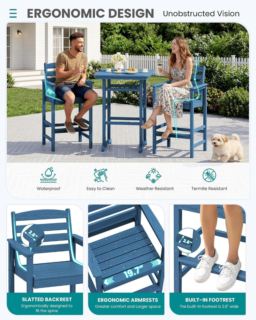 SERWALL 5-Piece Adirondack Bar Chair Set, HDPE Adirondack Barstools with Pub Table, Outdoor Patio Bar Furniture for Bistro, Balcony, Poolside, Garden - Blue