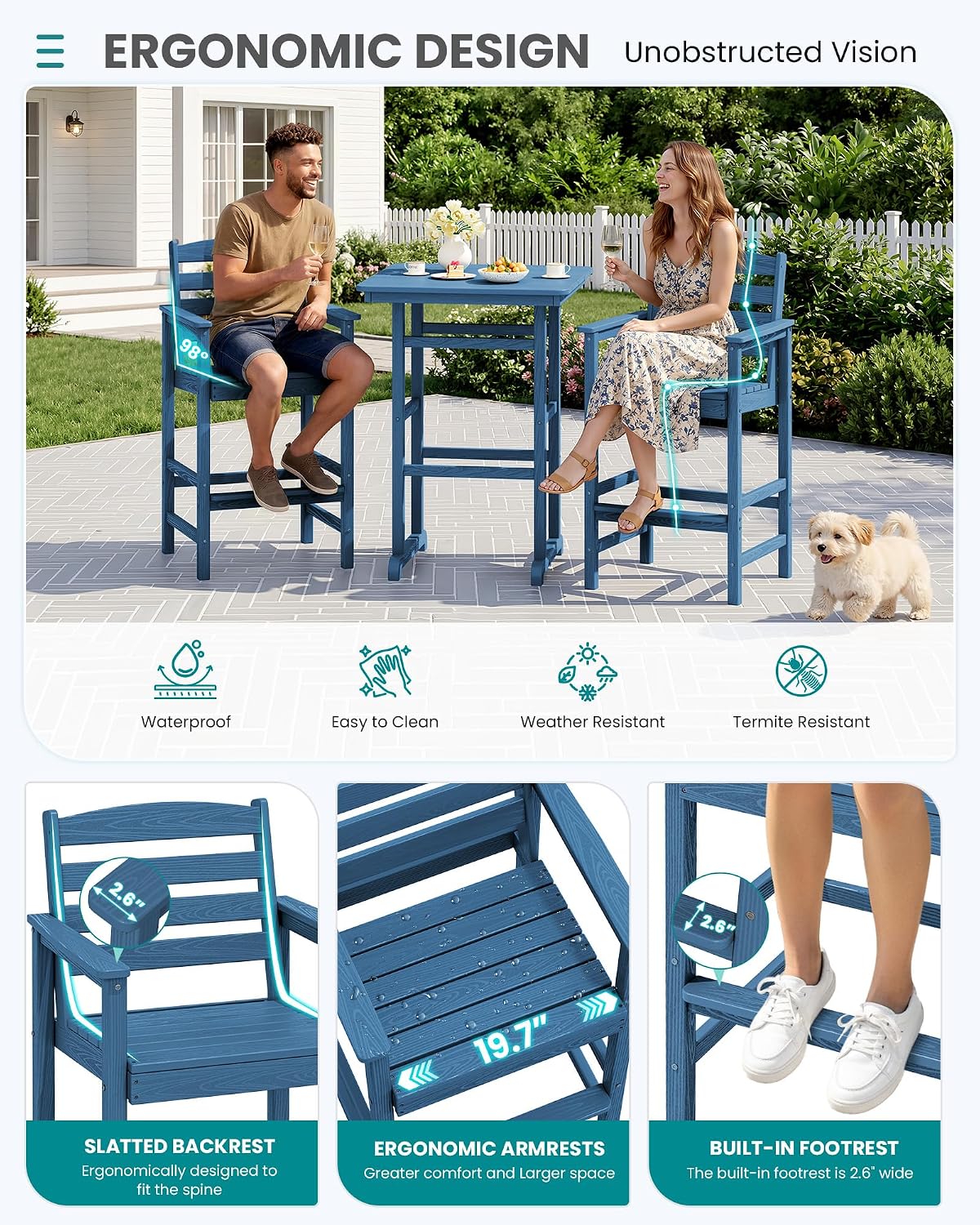 SERWALL 5-Piece Adirondack Bar Chair Set, HDPE Adirondack Barstools with Pub Table, Outdoor Patio Bar Furniture for Bistro, Balcony, Poolside, Garden - Blue