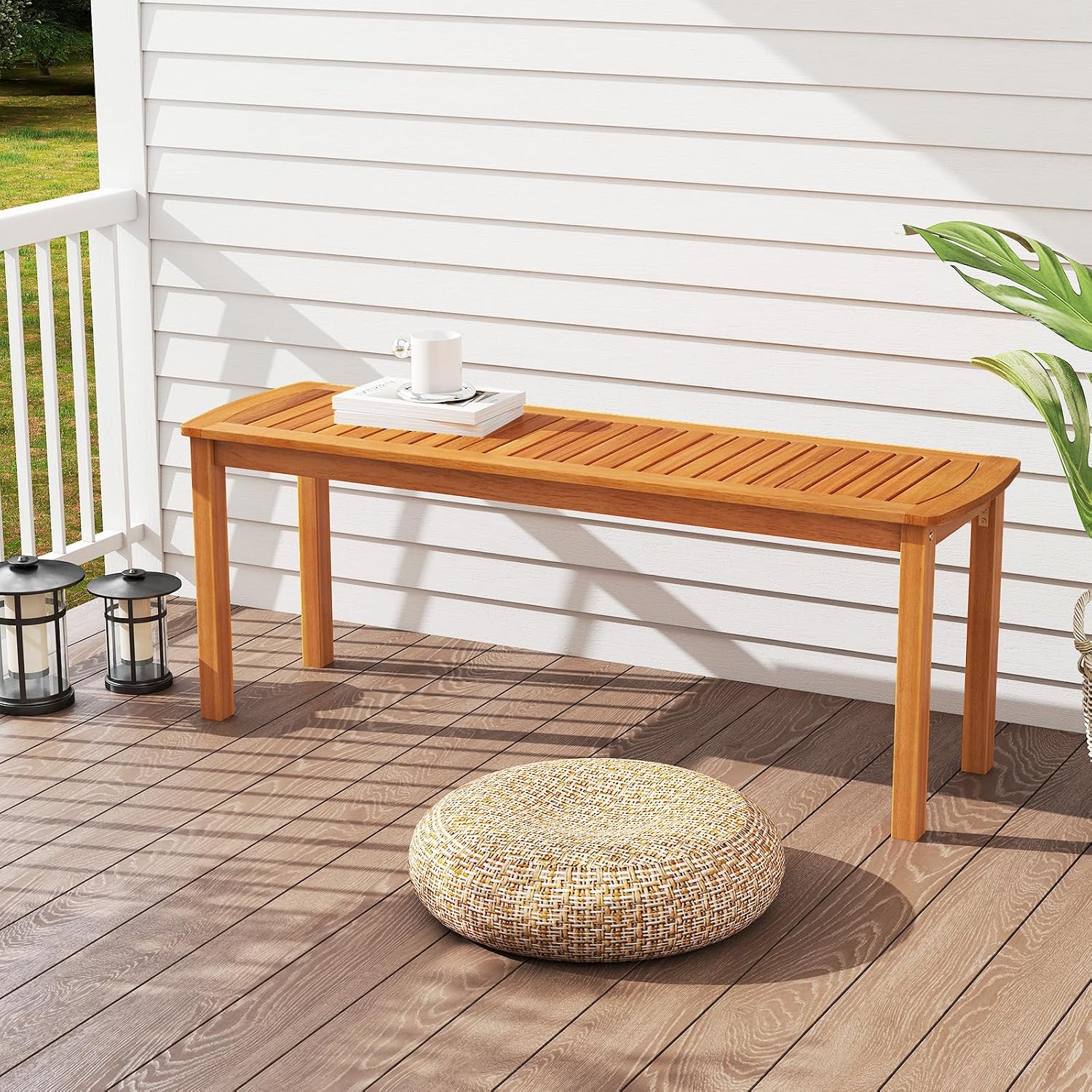 Tangkula 3 Piece Acacia Wood Patio Dining Table Set, 63' Large Patio Table & 2 Backless Benches w/Umbrella Hole, Farmhouse Indoor Outdoor Diner Furniture for Garden Poolside Deck Kitchen