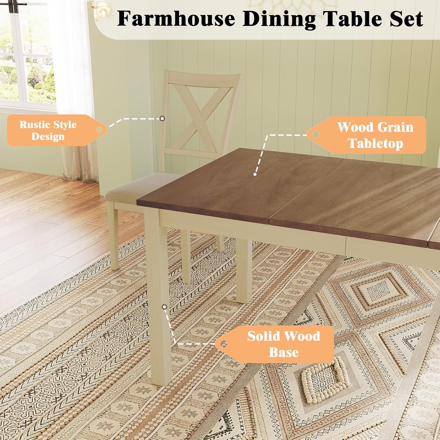 LUXOAK 7-Piece Solid Wood Dining Table Set, 60' Farmhouse Dining Table with 6 Chairs, Rectangular Table Set for 6, Kitchen & Dining Room Furniture, Distressed Cream
