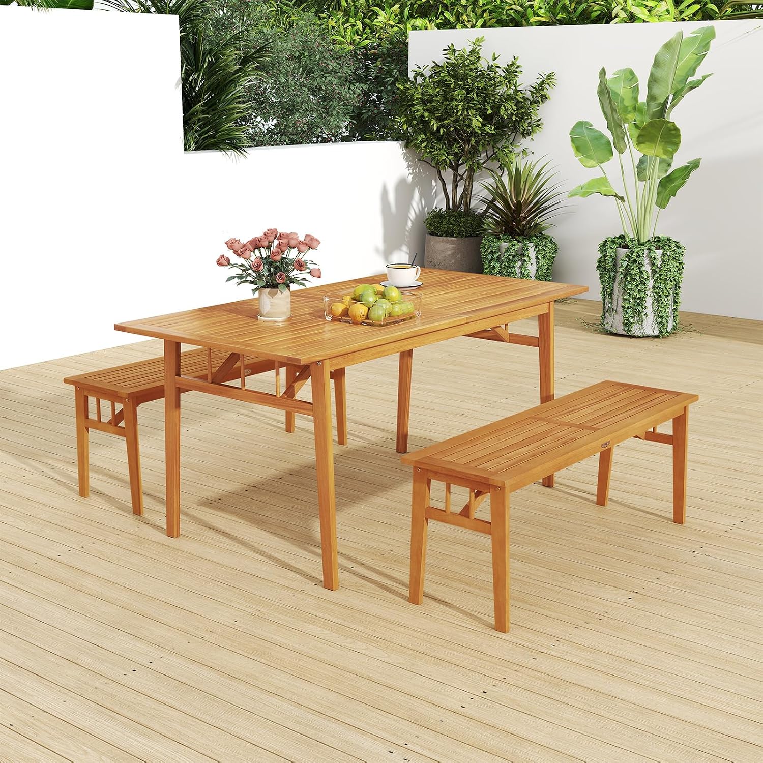 HAPPYGRILL Acacia Wood Outdoor Dining Table with Umbrella Hole & Cover, for 4-6 People, 63' Large Farmhouse Dinette Furniture for Backyard Patio Deck Porch