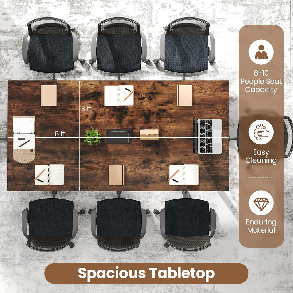 Giantex 6 FT Conference Table for 8-10 People, Modern 71' L x 35.5' W Large Meeting Table with Metal Frames, Rectangle Conference Room Table with Cable Grommet for Office, Boardroom, Rustic Brown