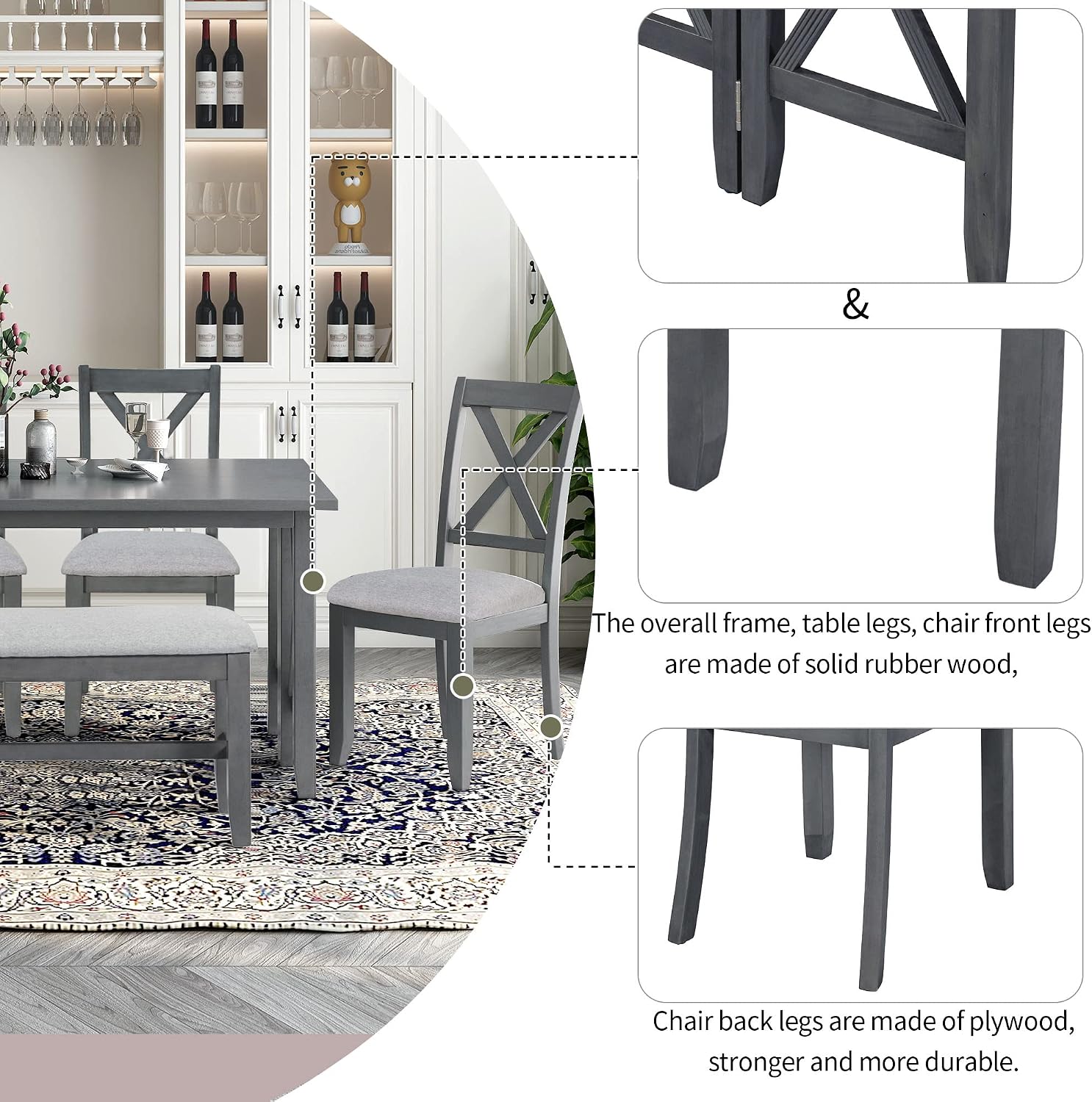 6 Pieces Dining Table Set, Wood Rectangle Table and 4 Chairs with Bench with Cushion, Kitchen Table Chairs Set for 6 Persons (Gray)