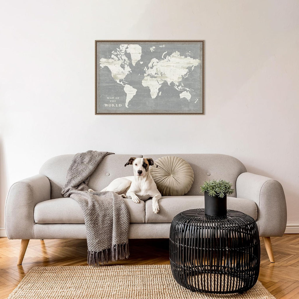 Amanti Art Framed Canvas Wall Art 23x33 Slate World Map by Sue Schlabach, Framed Wall Art Canvas, Maps Artwork, Traditional Decor, Large Poster Painting for Living Room, Bedroom, Bathroom, Kitchen,