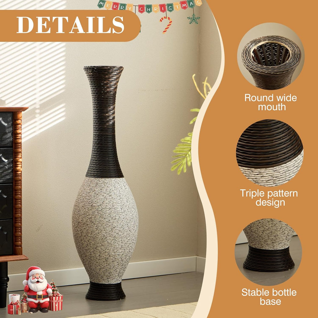 40' Tall Large Rattan Standing Floor Vase Modern Decorative Accent Flower Holder Floor Vase for Living Room Entryway Dining Room Stylish Home Décor Statement Piece (White+Brown)
