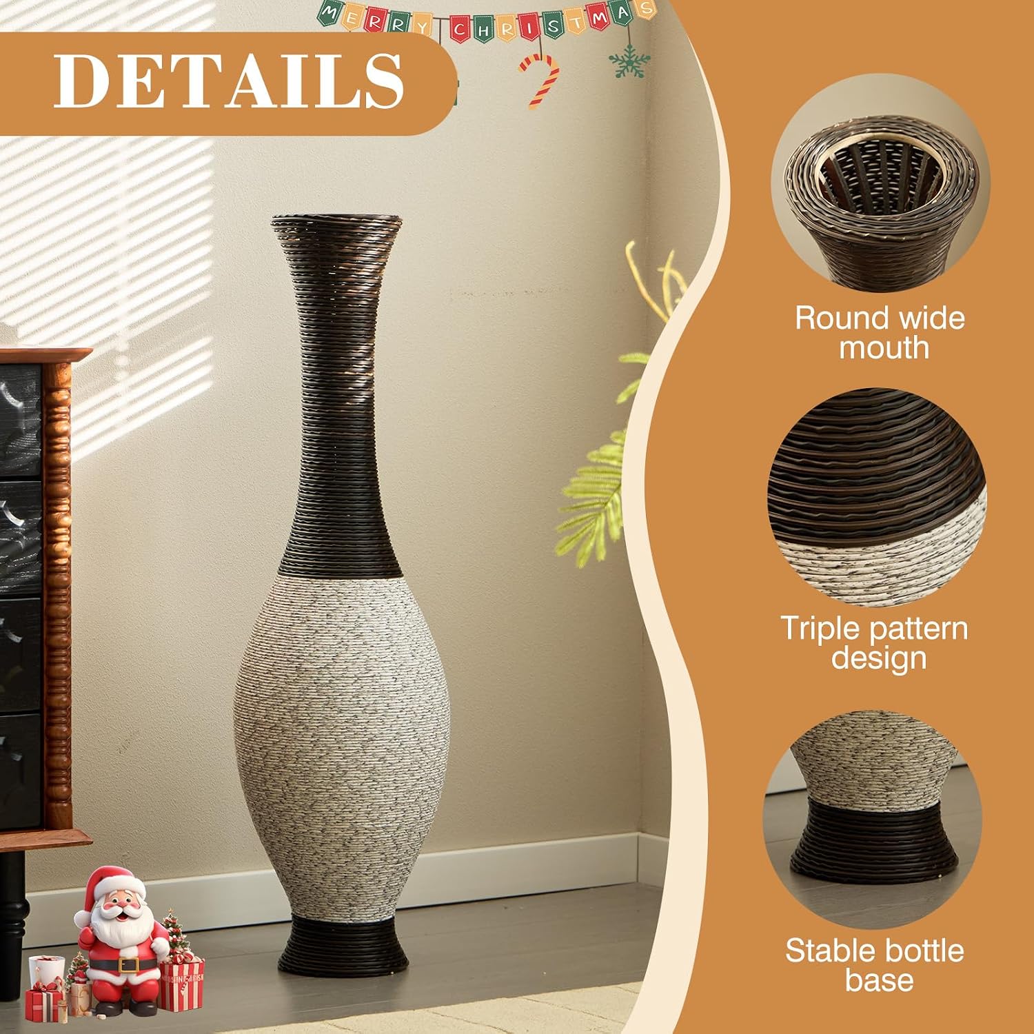 40' Tall Large Rattan Standing Floor Vase Modern Decorative Accent Flower Holder Floor Vase for Living Room Entryway Dining Room Stylish Home Décor Statement Piece (White+Brown)