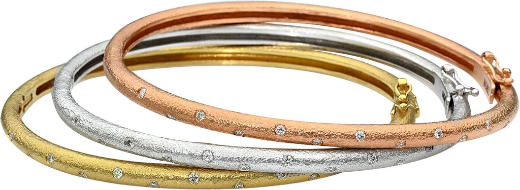 Matte finished hammered gold 14k gold hinged bangle with flush set diamonds in yellow, white or rose gold