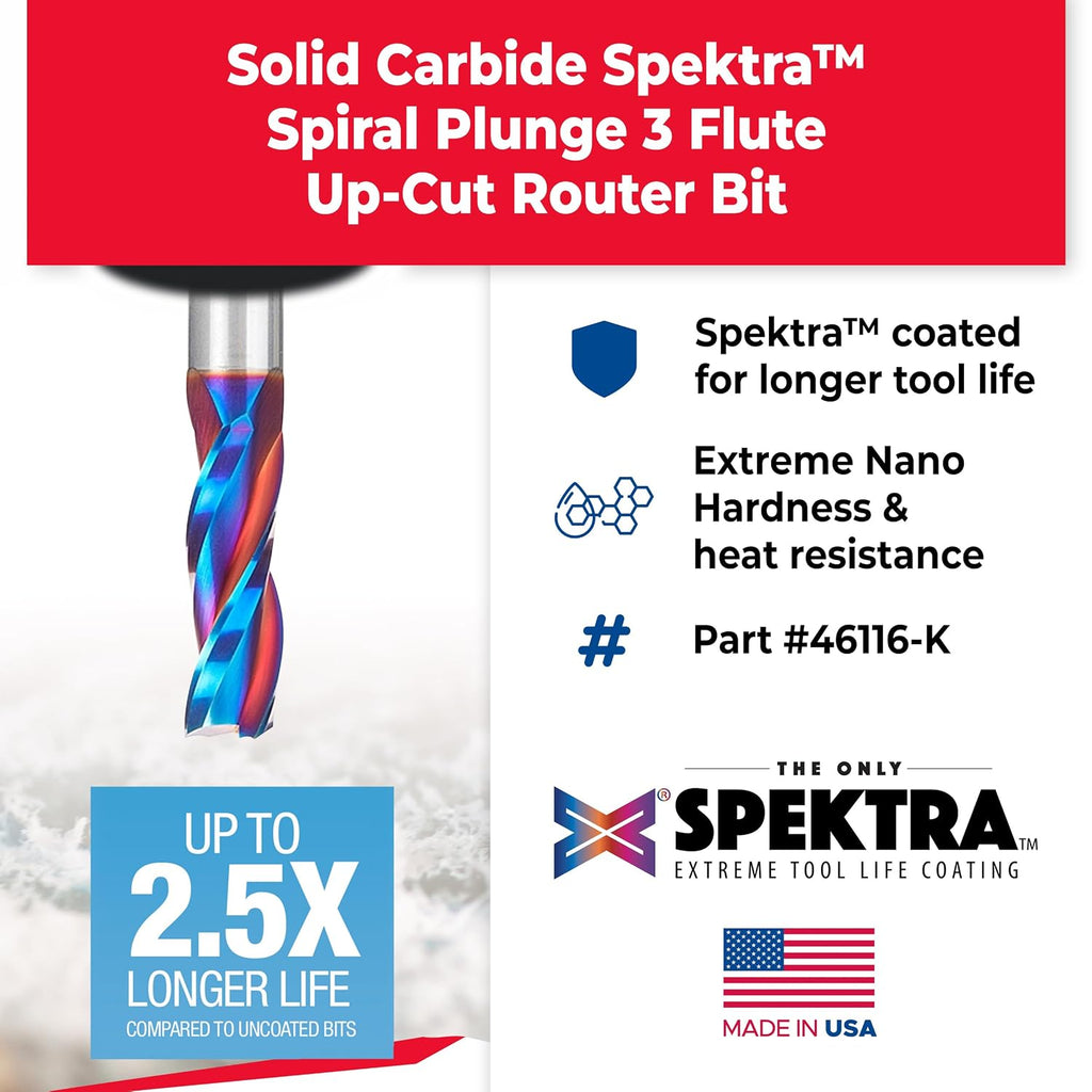 Amana Tool Spektra Extreme Tool Life Coated Solid Carbide Spiral Plunge Router Bit, 46116-K, 1/2 D x 1-1/2 CH x 1/2 Shank x 3-1/2 Inch Long Up-Cut, 3-Flute