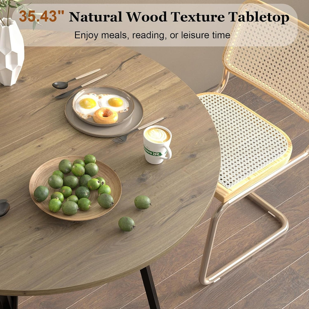 Round Dining Table Set for 4, Rustic 36' Circle Kitchen Table and 4 White Linen-Cotton Dining Chairs, Solid Metal Frame, Space Saving Wood Small Kitchen & Dining Room Furniture